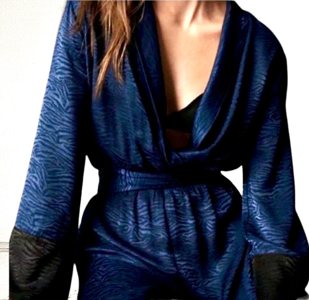 NWOT Amazing Victoria’s Secret Blue Black Satin Embossed Lounge Jumpsuit Large